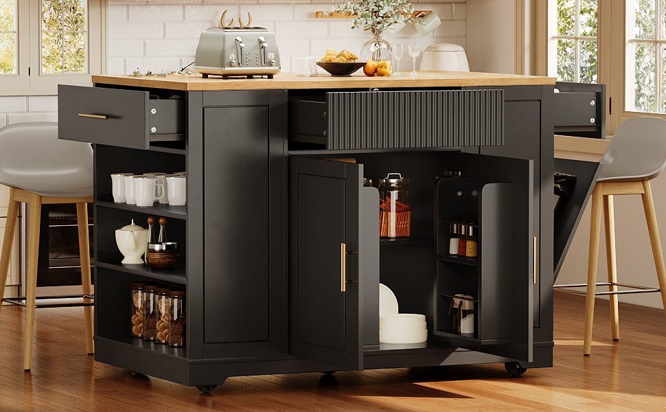 Kitchen Island with Waste Bin Compartment, 2 Doors & 3 Drawers, Black Wood Grain