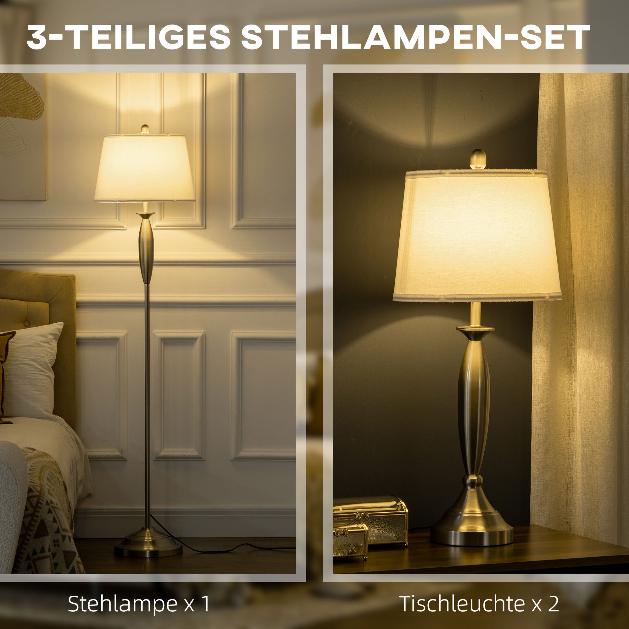 3-Piece Lamp Set: Floor Lamp & 2 Table Lamps E27, Silver and White