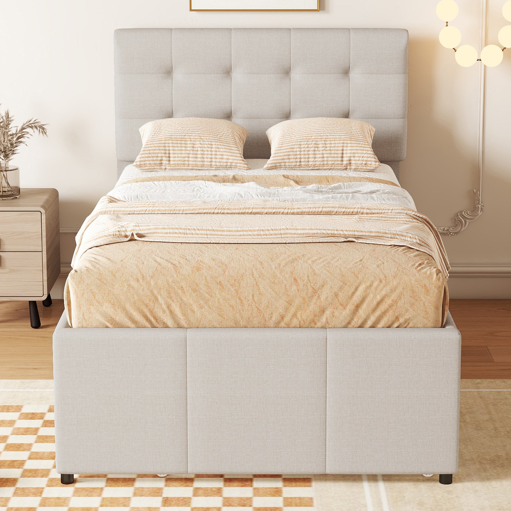 Upholstered Bed 90x200cm with 3 Drawers, Pull-out Trundle Bed, Adjustable Headboard, Beige