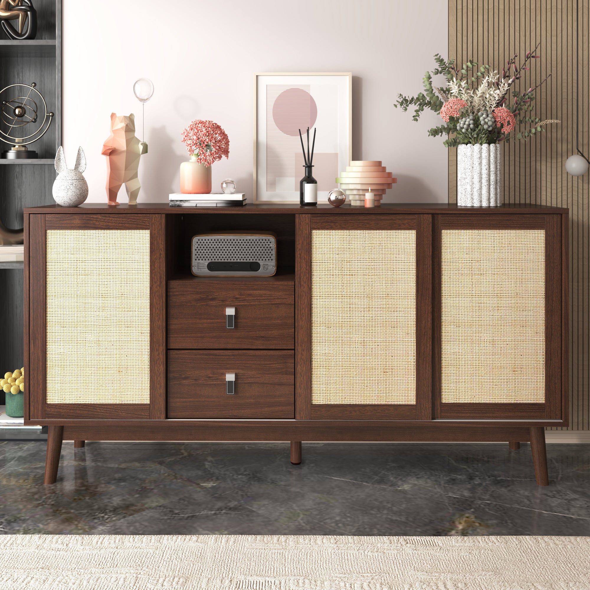 Sideboard, 3 Sliding Rattan Doors, 2 Drawers, Dark Wood