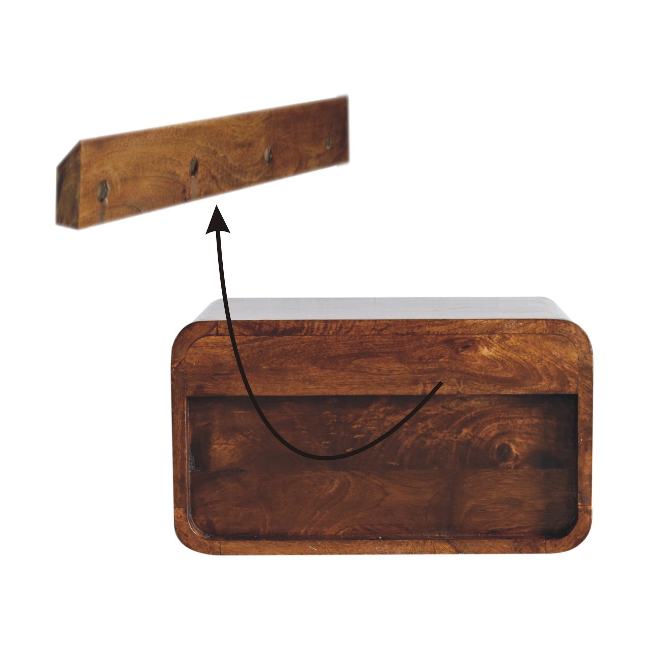 Solid Wood Floating Bedside, Large Curve 1 Drawer Open Slot, Dark Brown