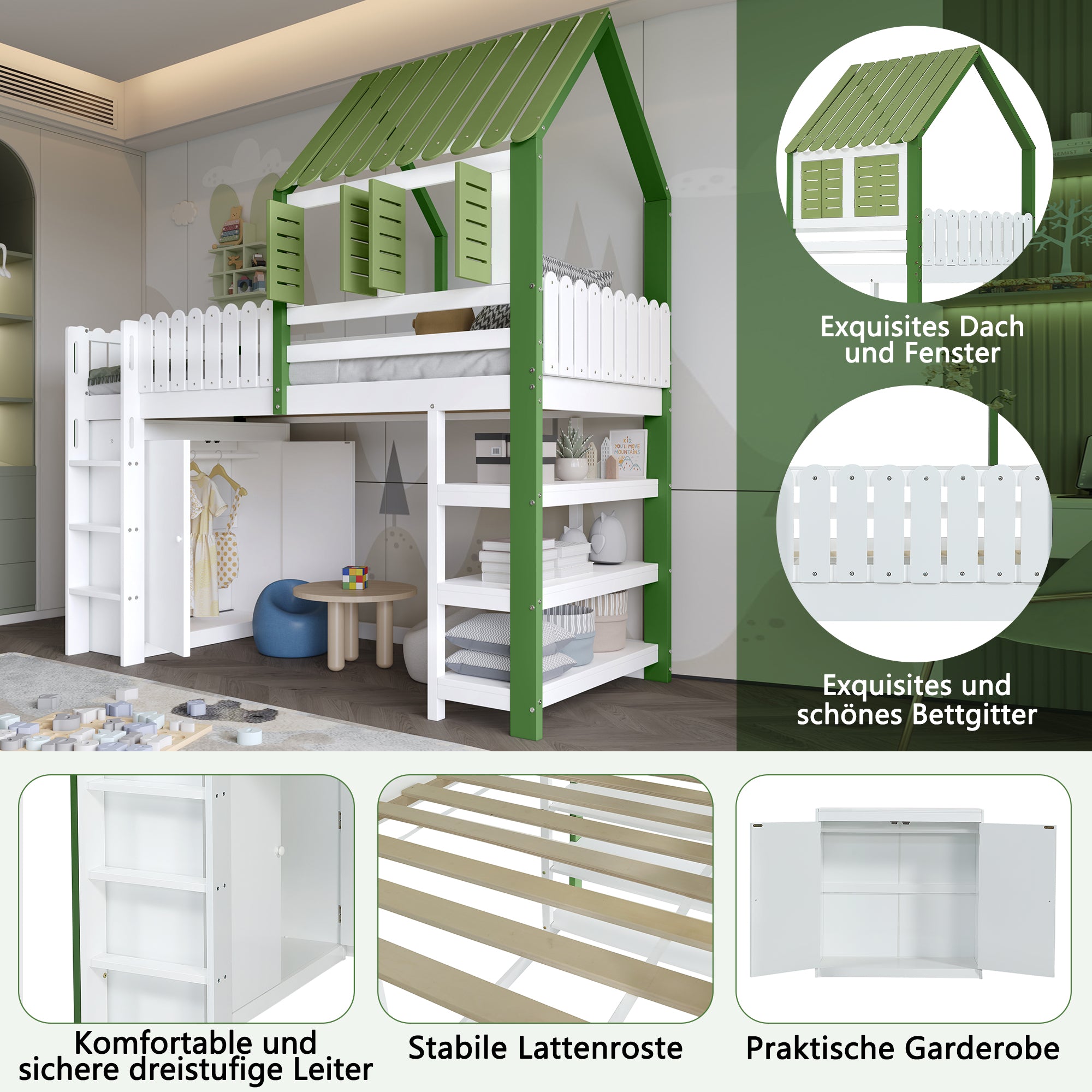Loft Bed, Children's with Wardrobe & Ladder, Pine+MDF+Plywood, White+Green