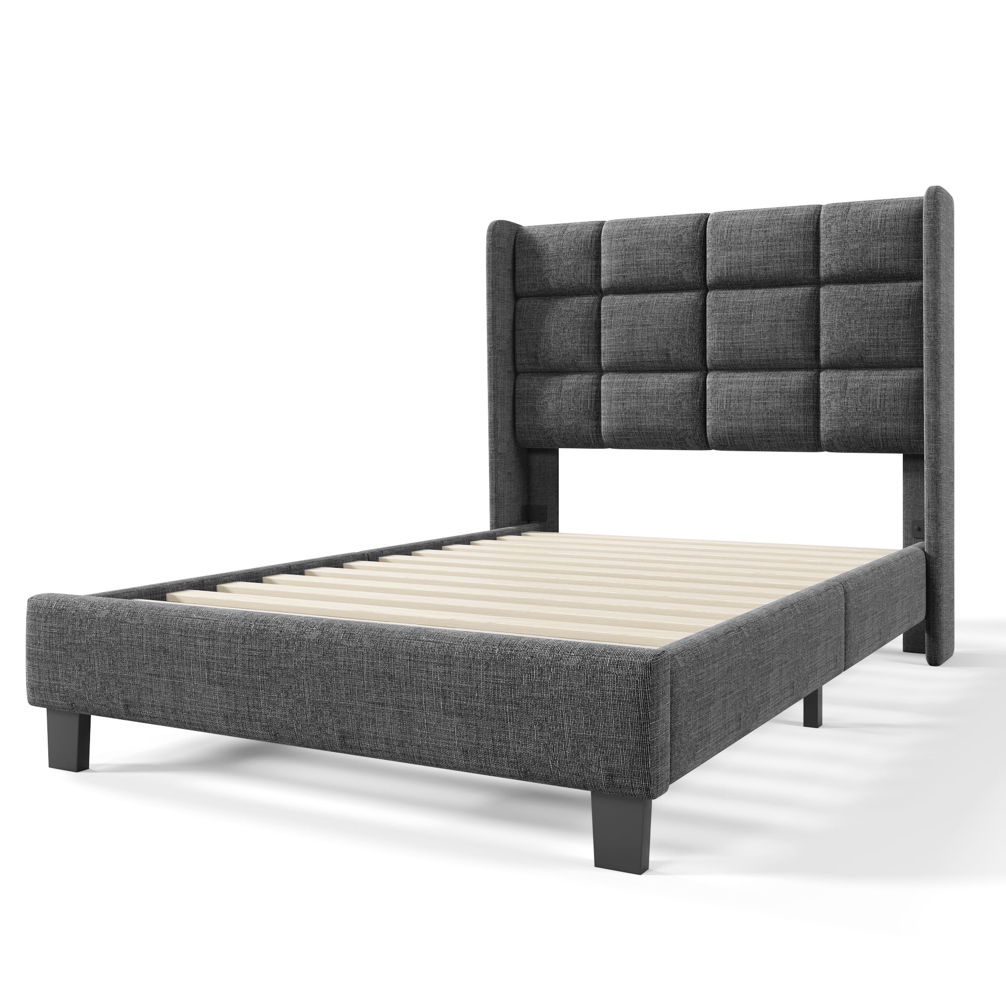 Modern Design Upholstered Bed, Single with Slatted Frame, 90x200cm, Grey Linen