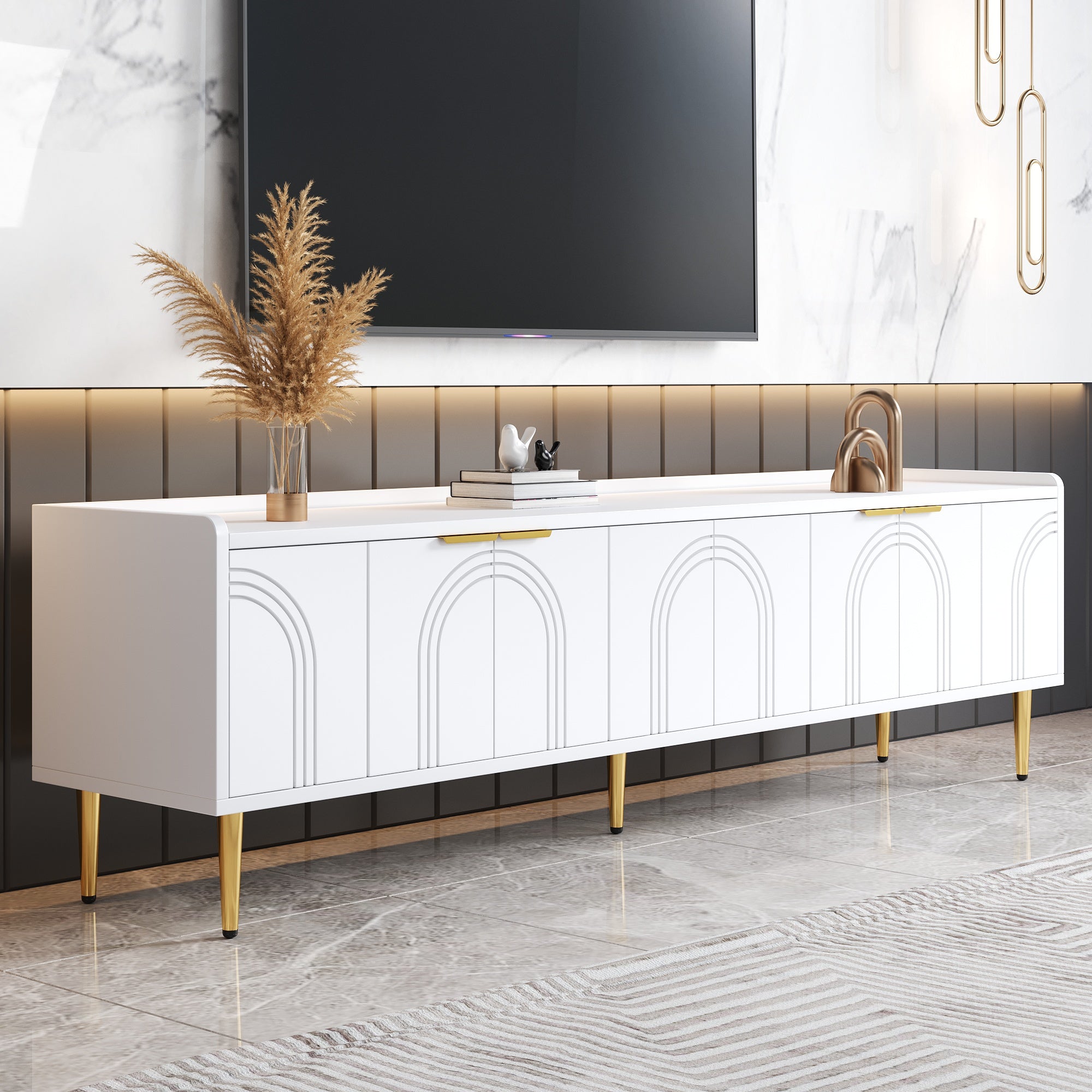 TV Cabinet Lowboard, Textured Door, Gold Handles & Feet, 170cm, White/MDF