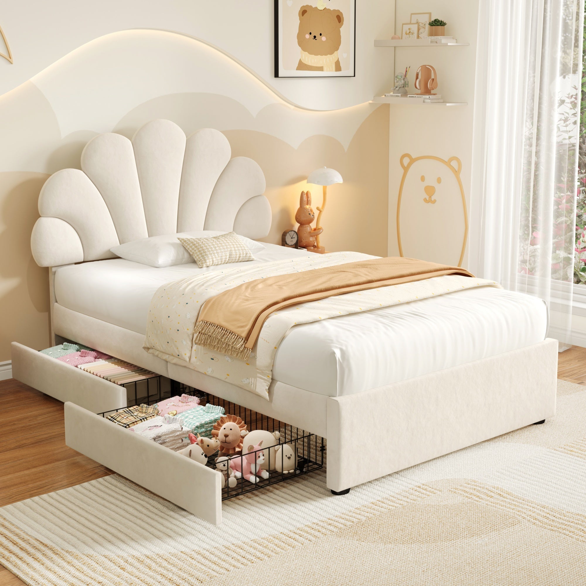 3ft Single Upholstered Bed with Adjustable Chic Petal Headboard and 2 Storage Drawers, Beige Velvet