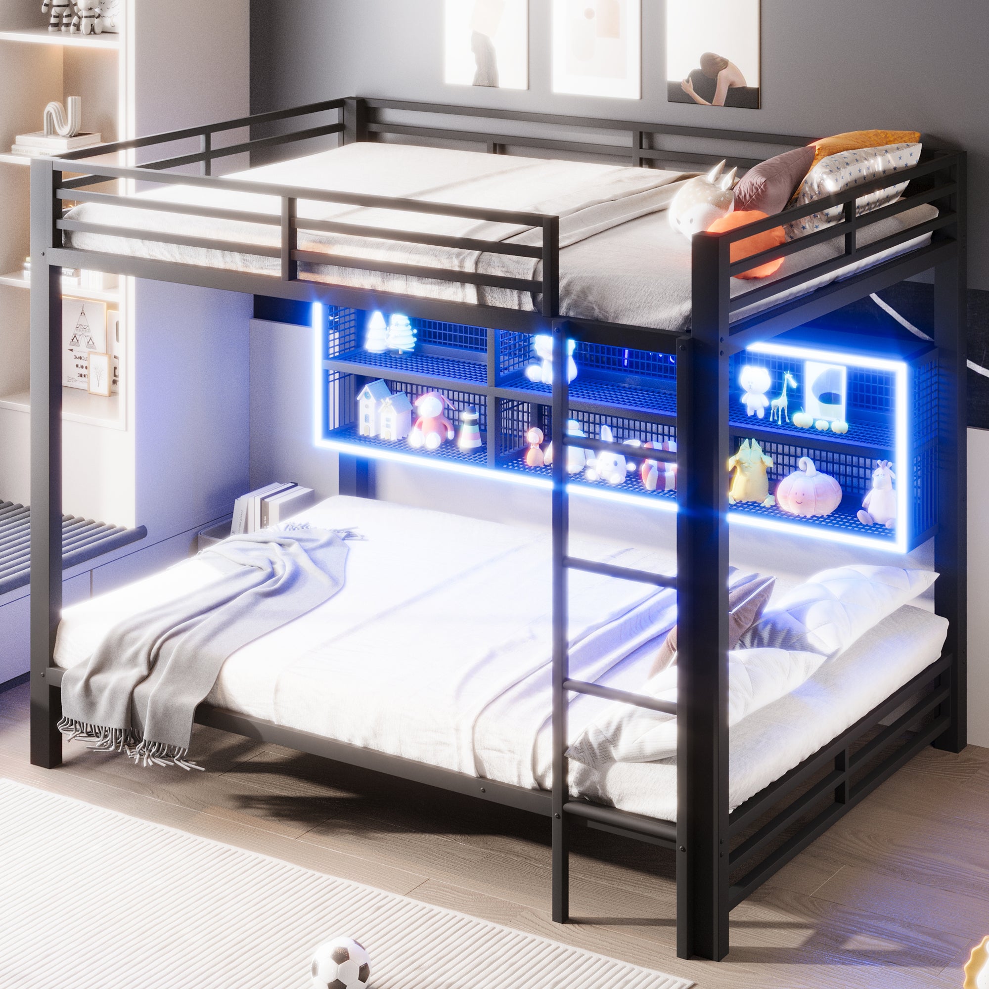Bunk Bed 140x200 with Storage Cabinets LED Light Black