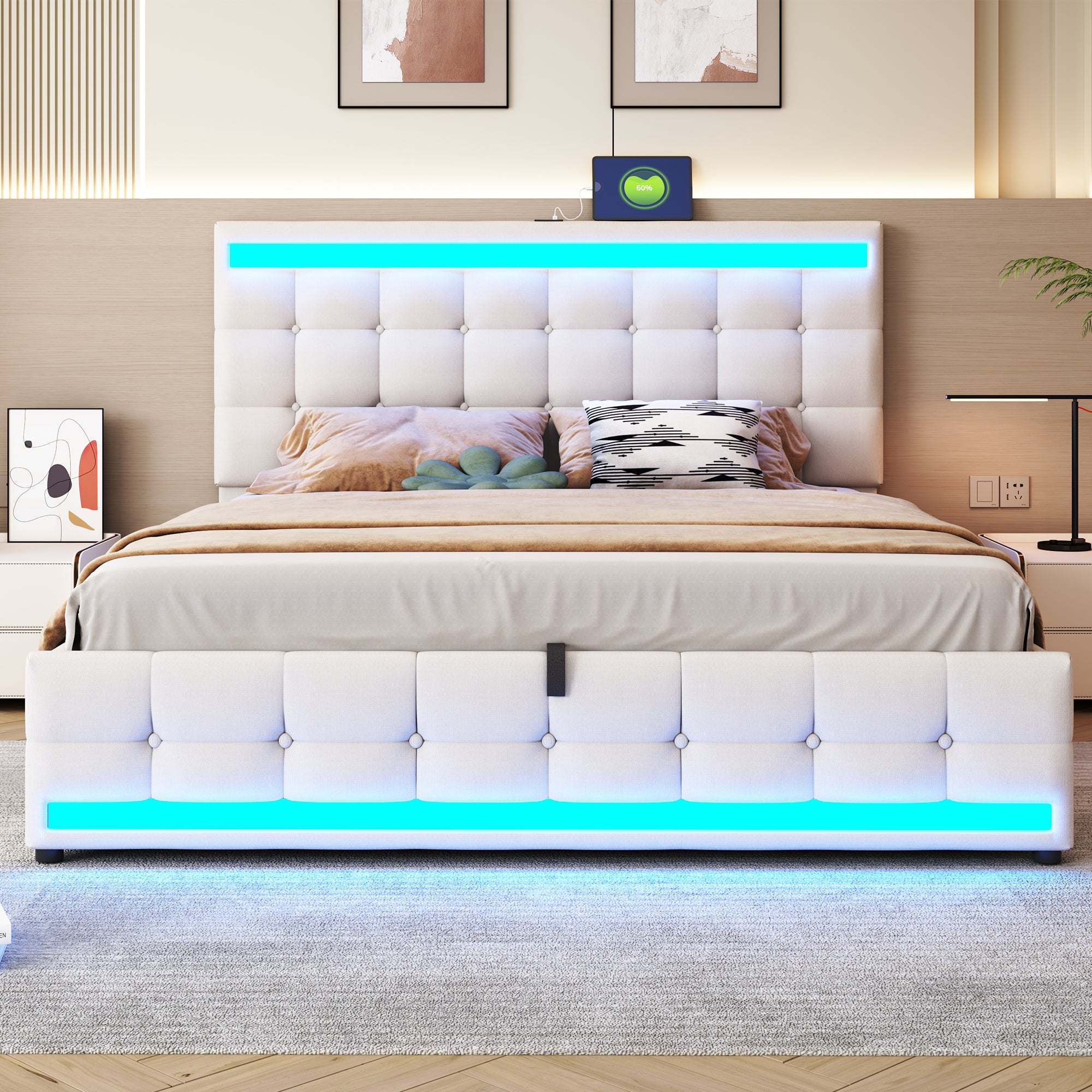 Upholstered Bed, Hydraulic Storage with USB & LED Light Strip, Beige Linen