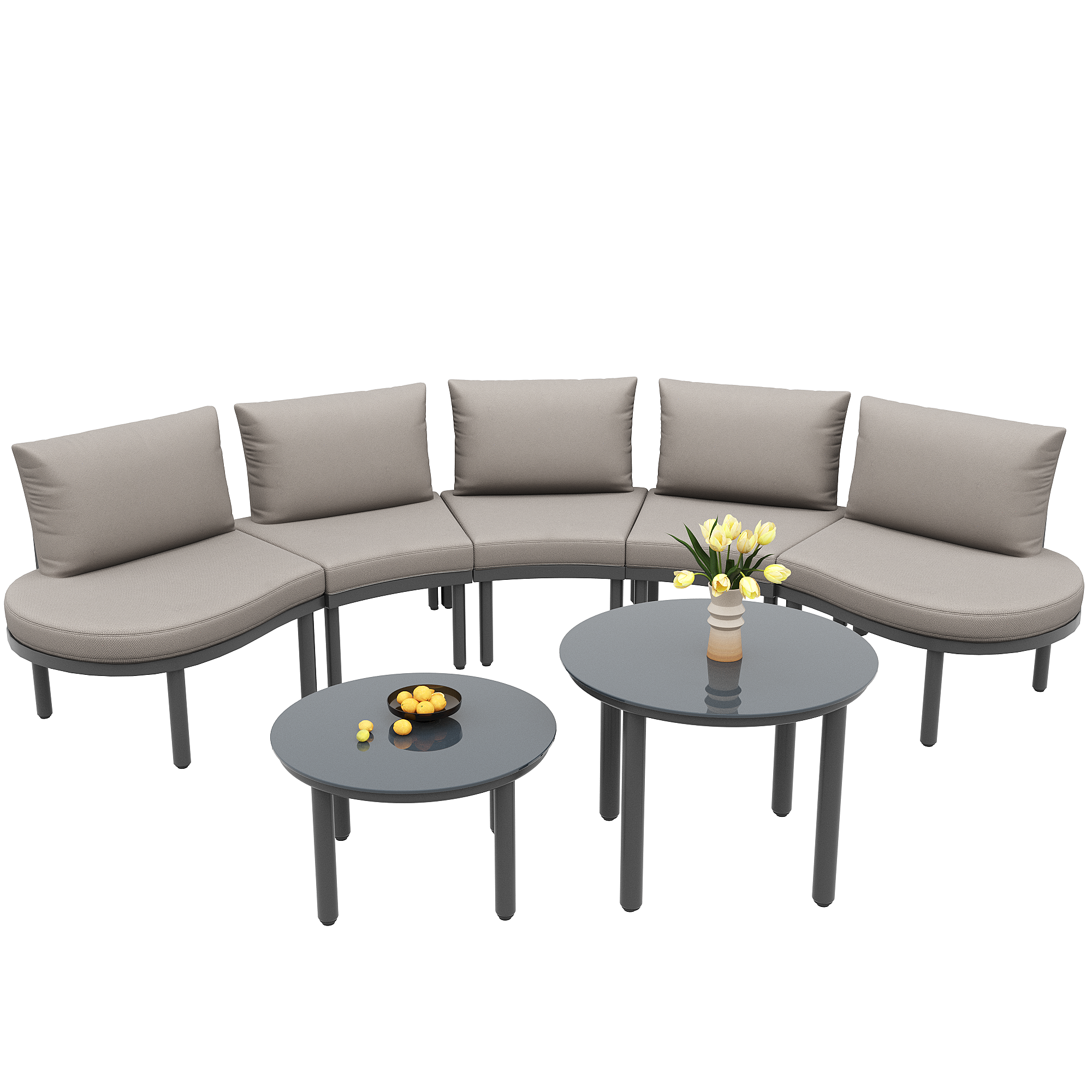 Garden furniture set 5-seater 2 coffee tables with grey cushions and pillows galvanized iron