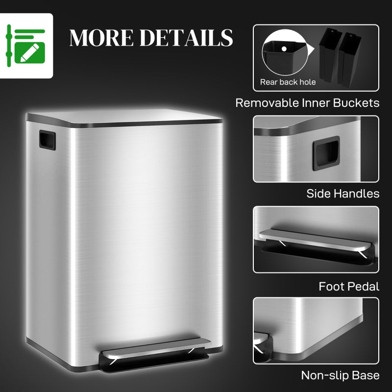 60L Dual Compartment Bin Deodoriser Holders Stainless Steel, Silver Tone