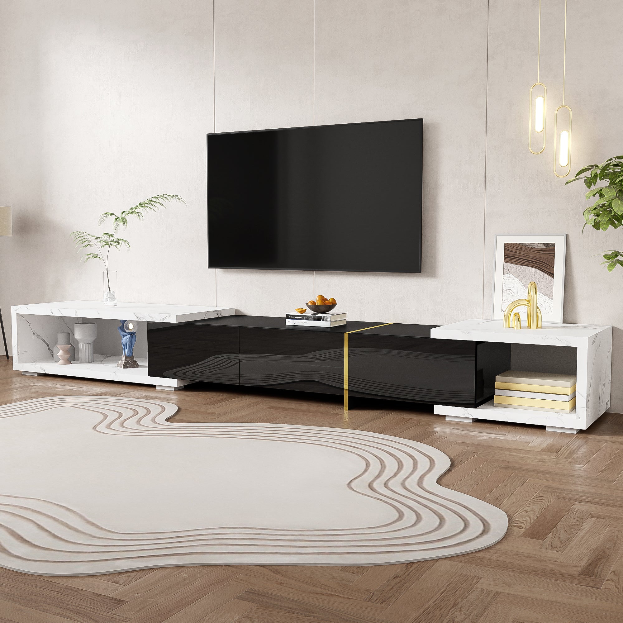 Modern TV Cabinet, Variable Length (140-260 cm) with Rotating Function, White Marble Look & Black High-Gloss Finish