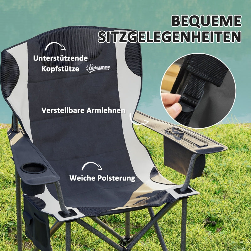 Folding Chairs, Set of 2, Camping with Armrests, Cup Holder, Headrest, Cooler Bag, Padded, Metal/Fabric