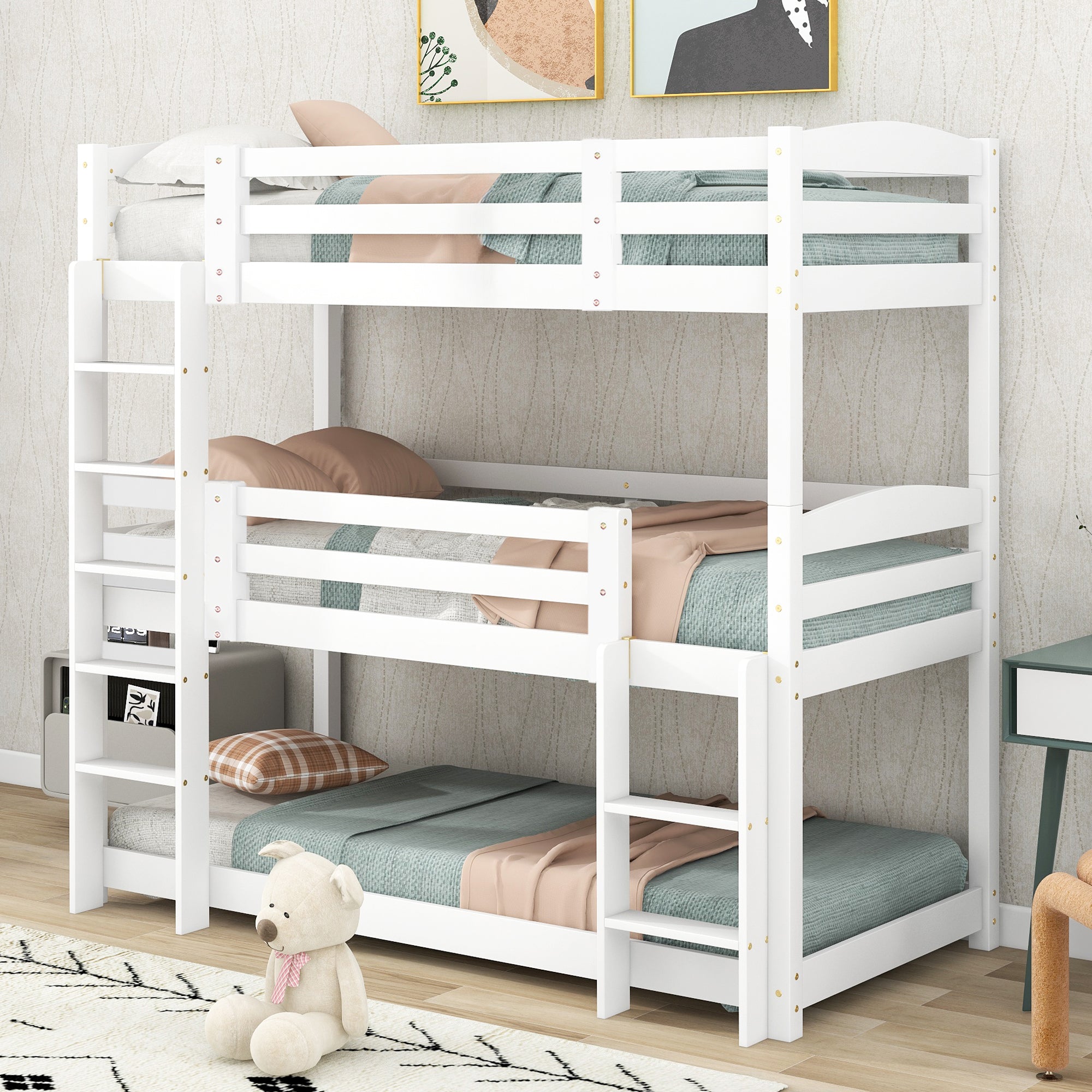 (WX000112AAK-3) Triple Bunk Bed 90x200cm Single-Size Wooden, White