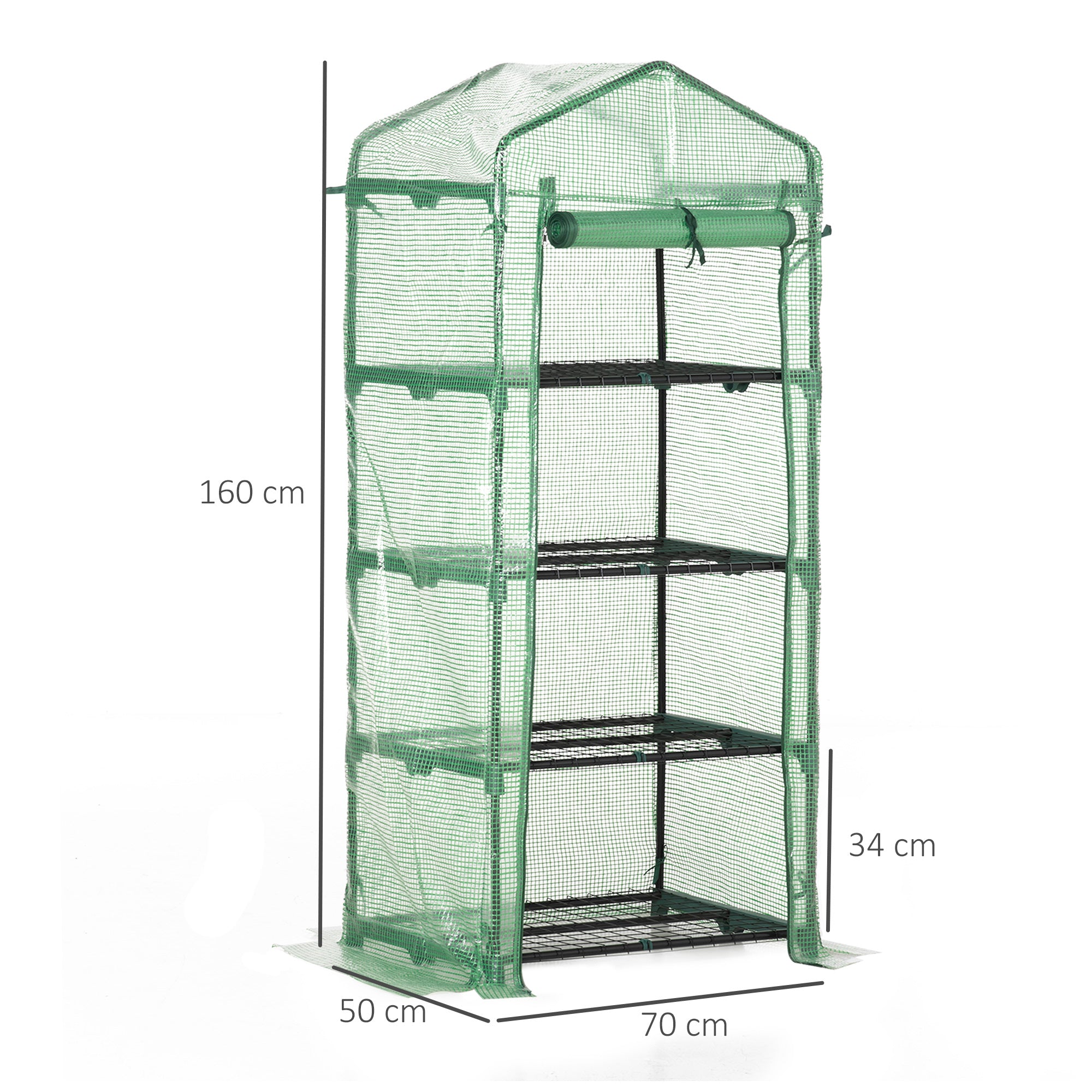 4 Tier Mini Greenhouse, Portable Steel Frame Roll-up Door PE Cover, Green