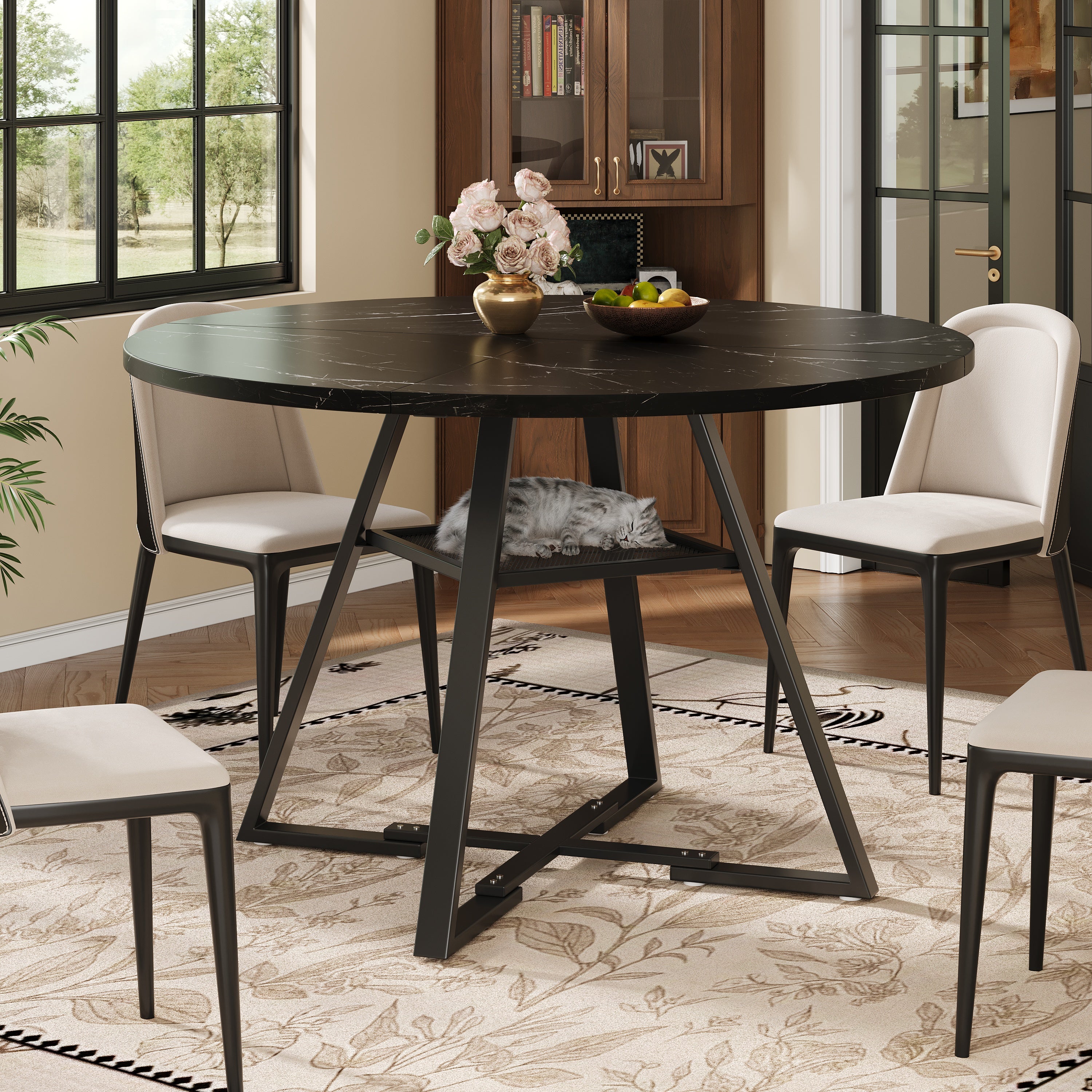 Round Dining Table Metal Legs Marble Look - Black/White