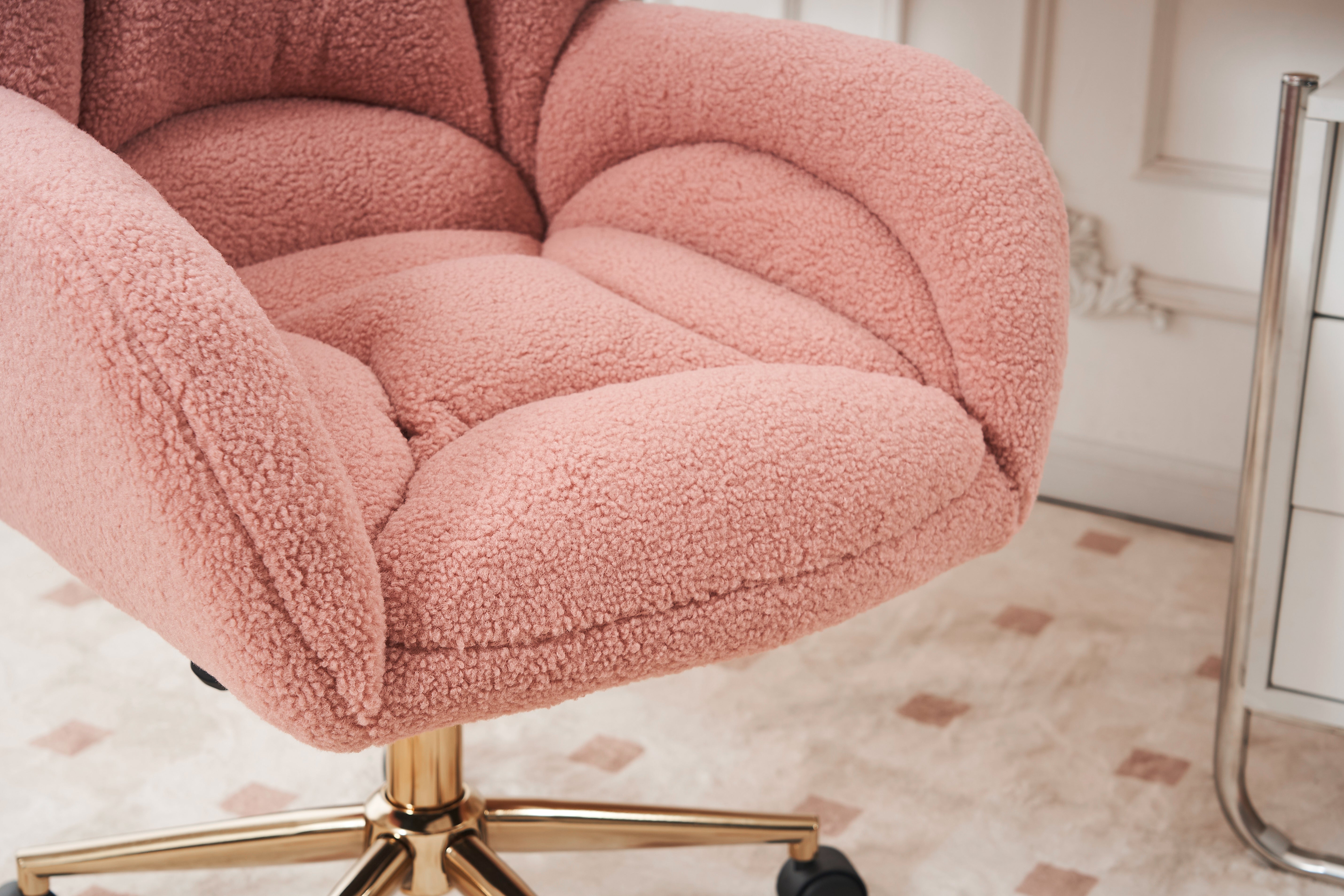 Swivel Chair Height-Adjustable Teddy Fabric Gold Legs - Pink