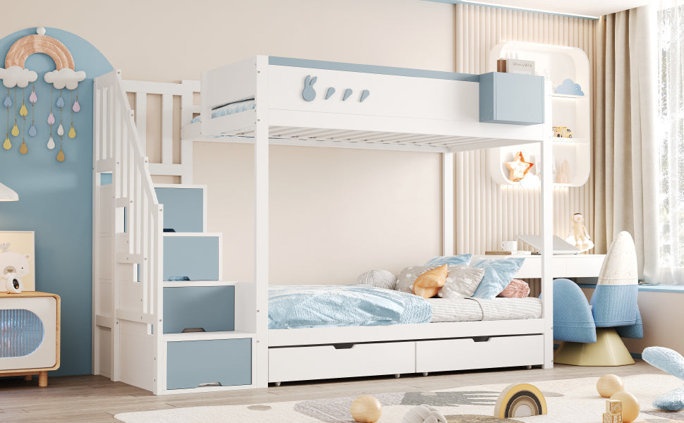 Bunk Bed for Children 90x200cm Double Bed Ladder Storage Drawers Rabbit/Carrot Motifs White + Blue