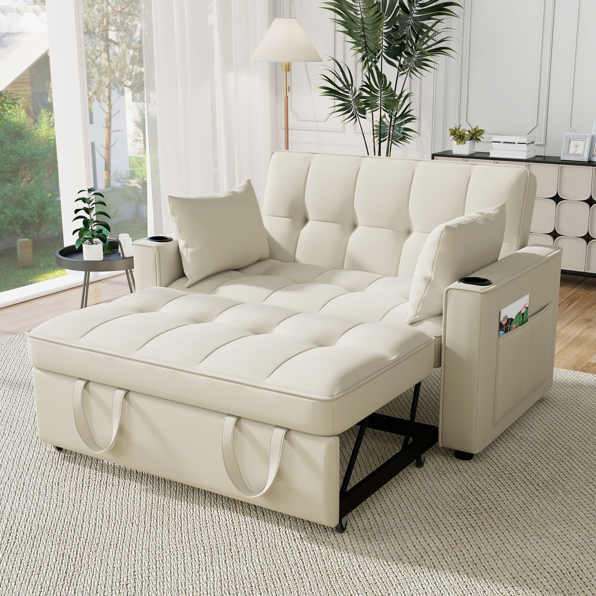 Folding Sofa Bed, Multifunctional with Cup Holder & Pillow, for Living Room, Bedroom, Home Theater