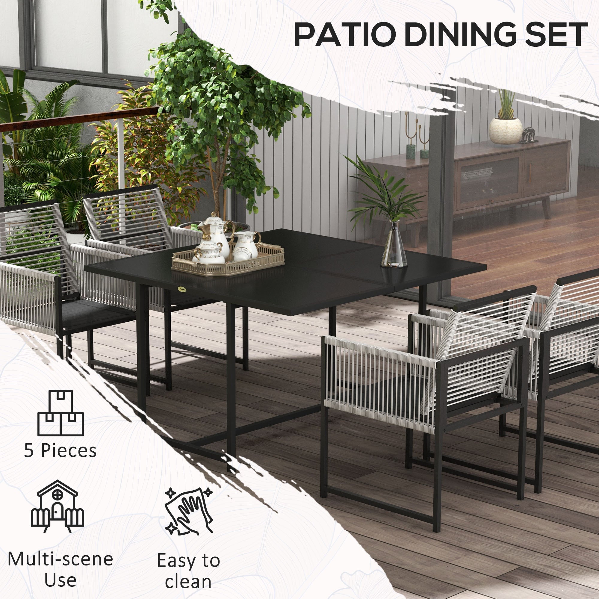 Five-Piece Dining Set with Folding Chairs, Metal Light Grey