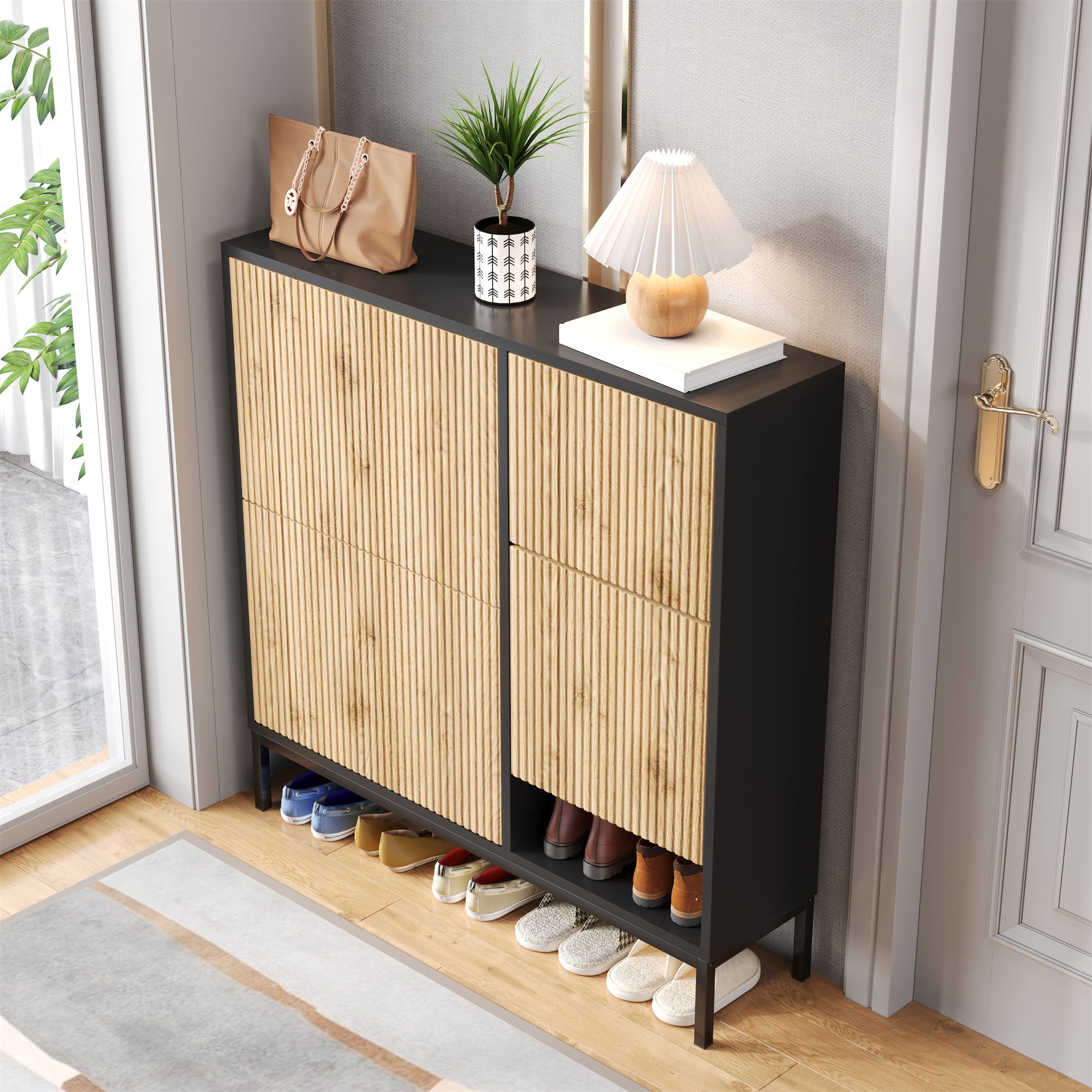 Shoe Cabinet with Changing Stool, 3 Flaps & Open Storage, Black + Wood Color