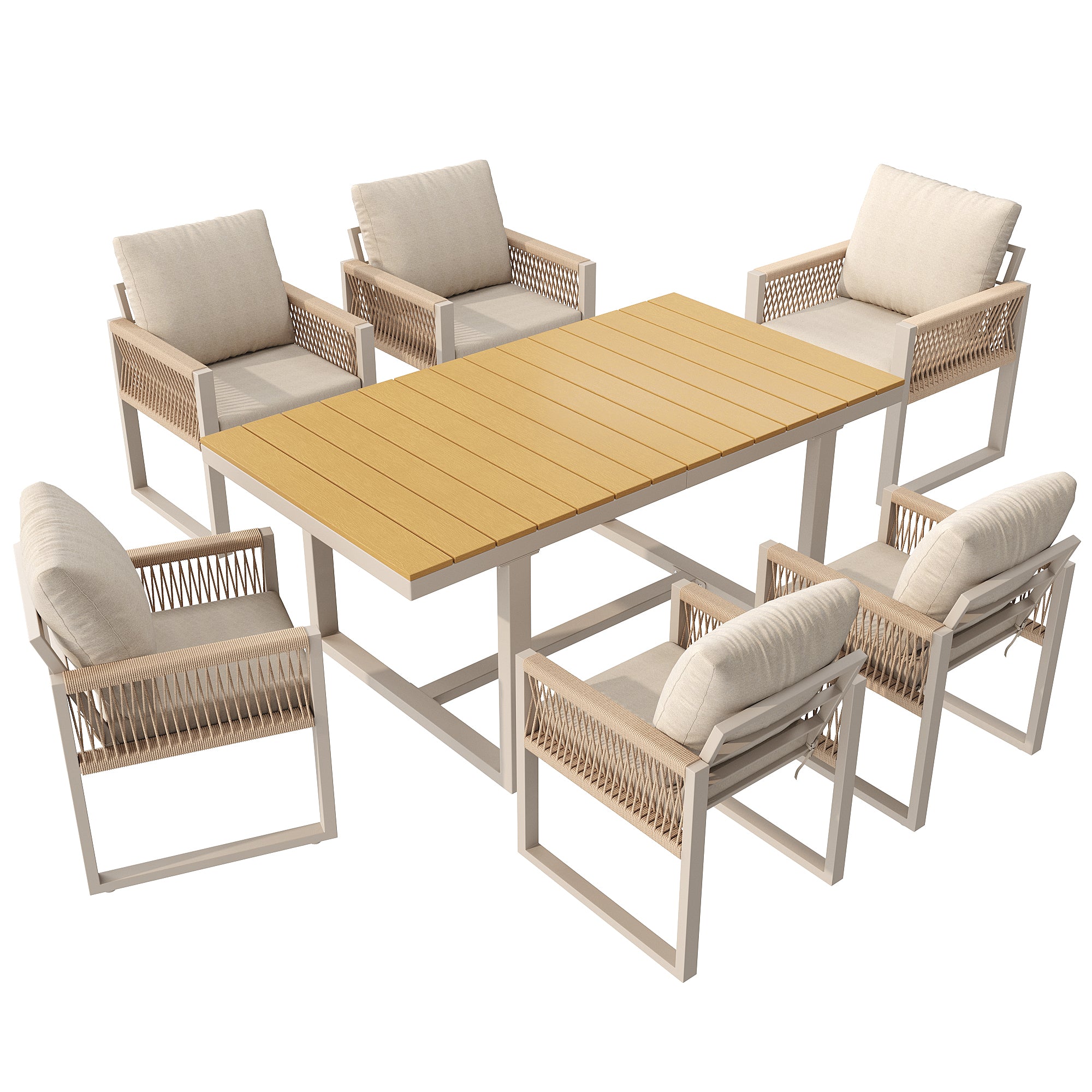 7-Piece Garden Dining Set with 1 Table and 6 Rope Weave Chairs, Weatherproof Cushions, Beige
