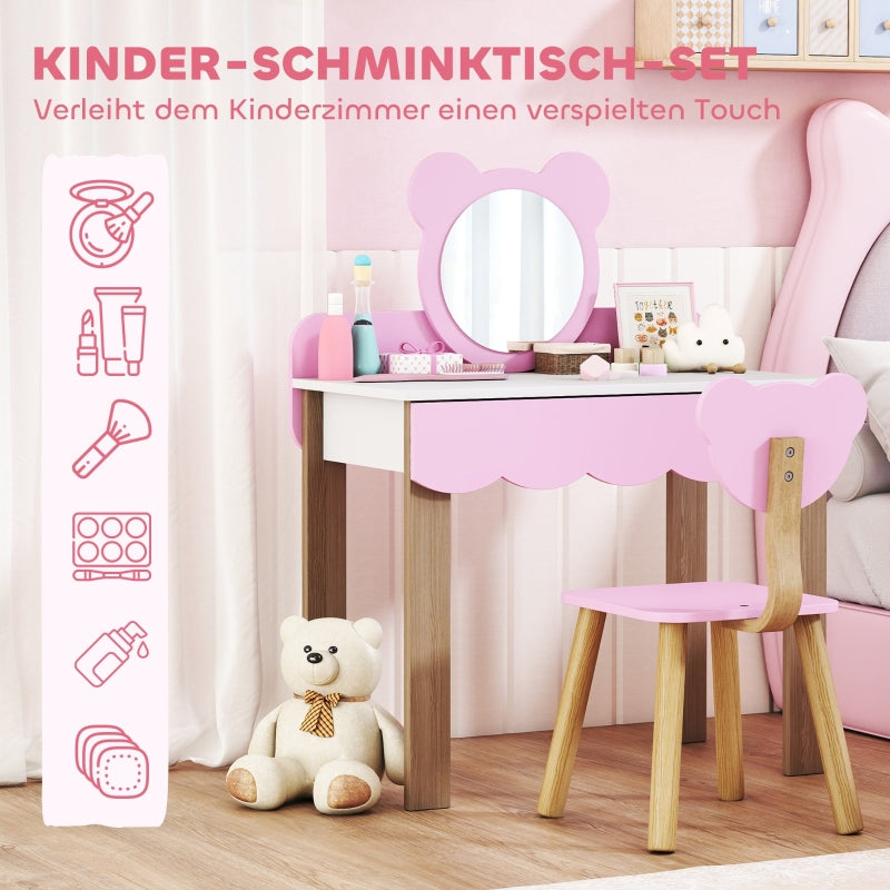 AIYAPLAY Dressing Table Set with Stool, Makeup Mirror, Bear Shape, MDF, Pink