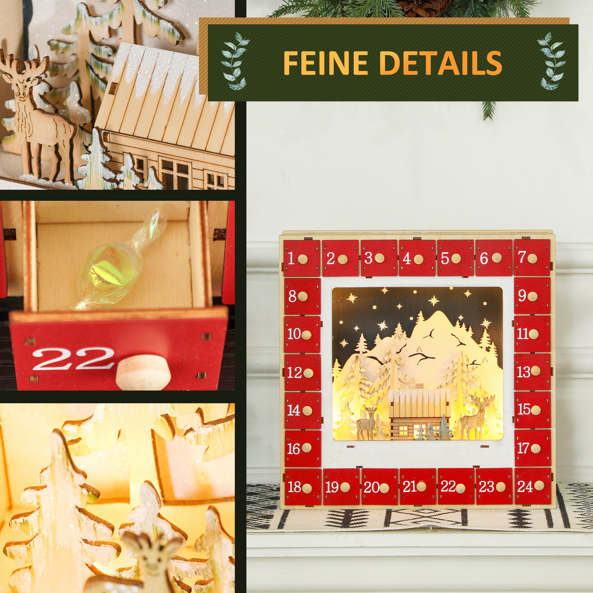 Advent Calendar, 24 Drawers with LED Lights, Red MDF