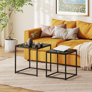Side Table Set of 2, Coffee Table with Glass Top, Square, Black Steel