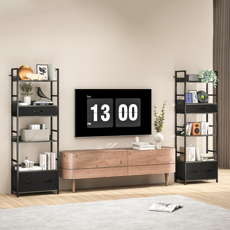 Industrial Style Bookcase, 4 Shelves 3 Fabric Drawers, Grey/Black
