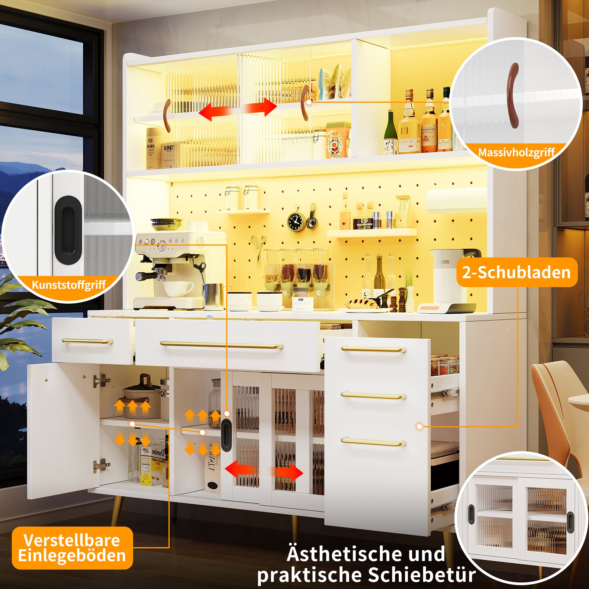 Modern Sideboard Storage Cabinet with LED Lighting and Pegboard, White