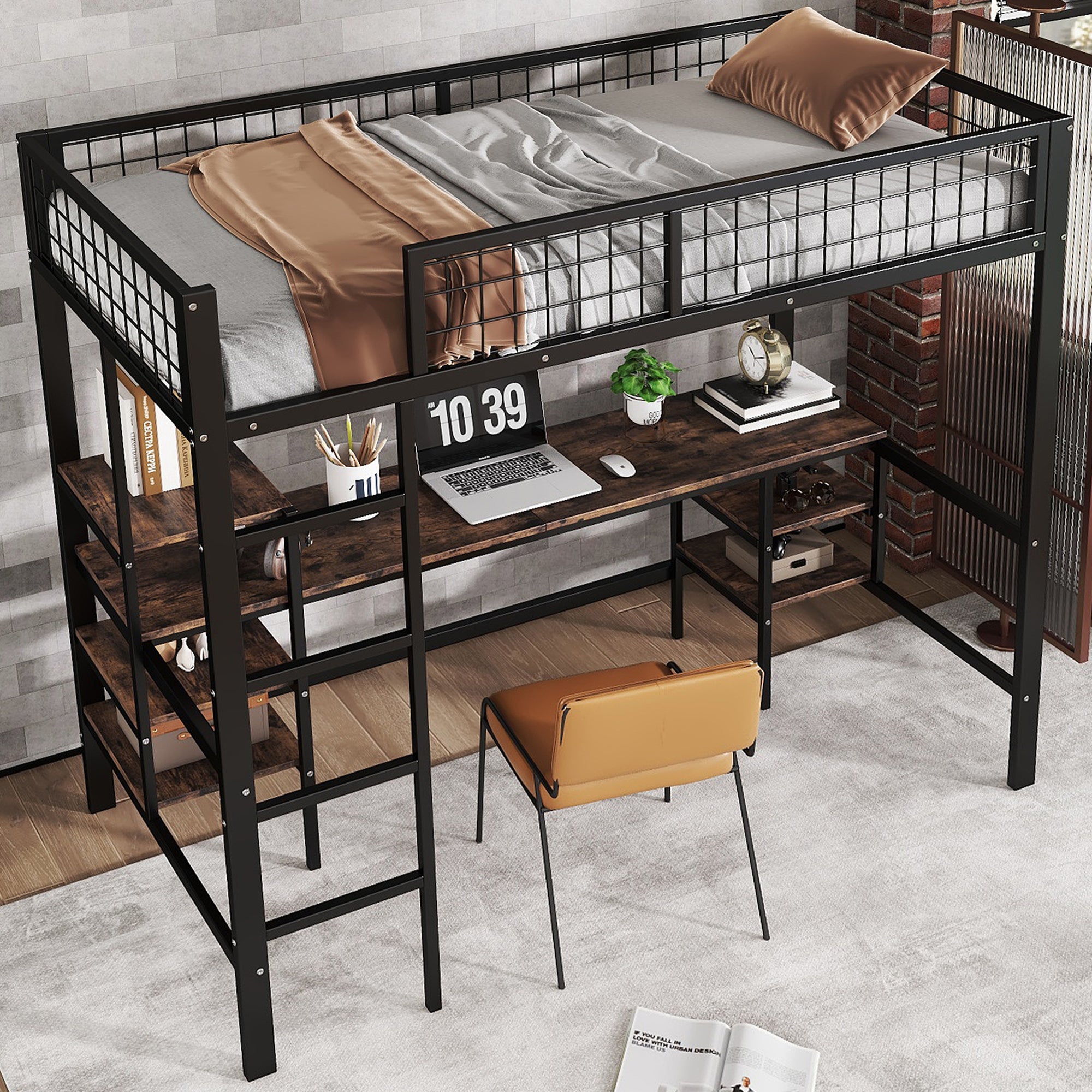 Iron Bunk Bed 90x200cm with Table Shelf Ladder for Children/Teens, Black/Dark Wood Color, Iron/Chipboard