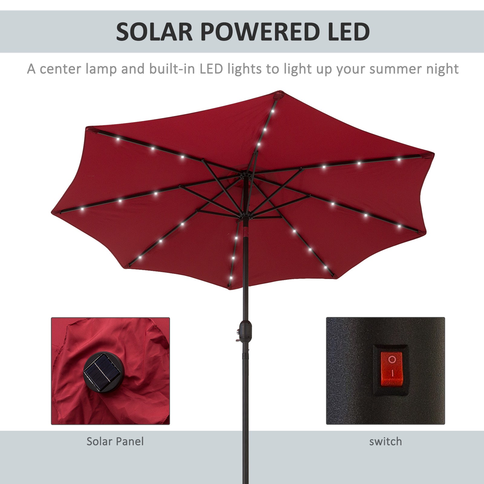 2.7m Garden Parasol Umbrella, Tilt Crank & 24 LED Lights, Red