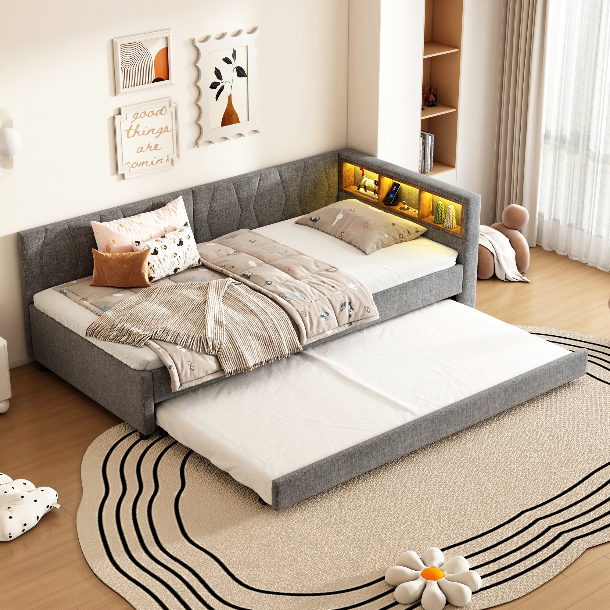 Daybed Sofa Bed 90x200cm Pull-out Bed Storage LED USB/Type-C - Linen Grey