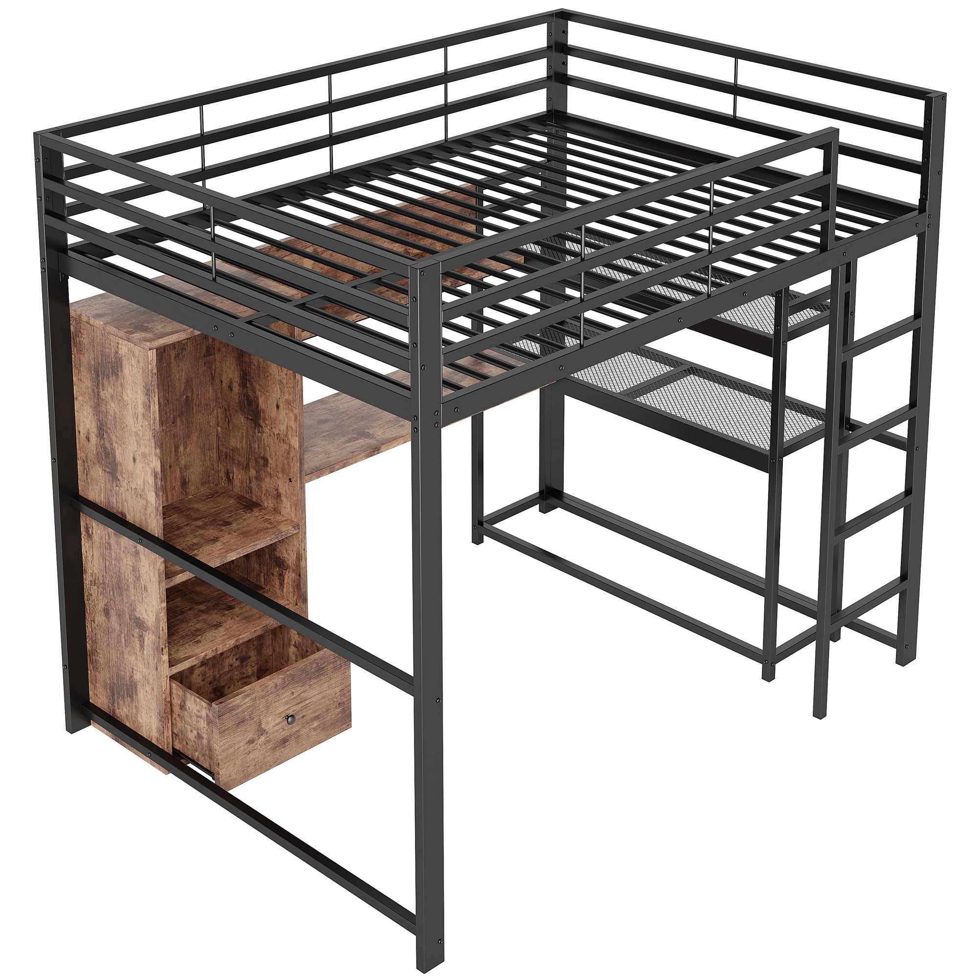 Loft Bed 140x200cm Metal LED Desk Drawer Shelves Stairs - Black