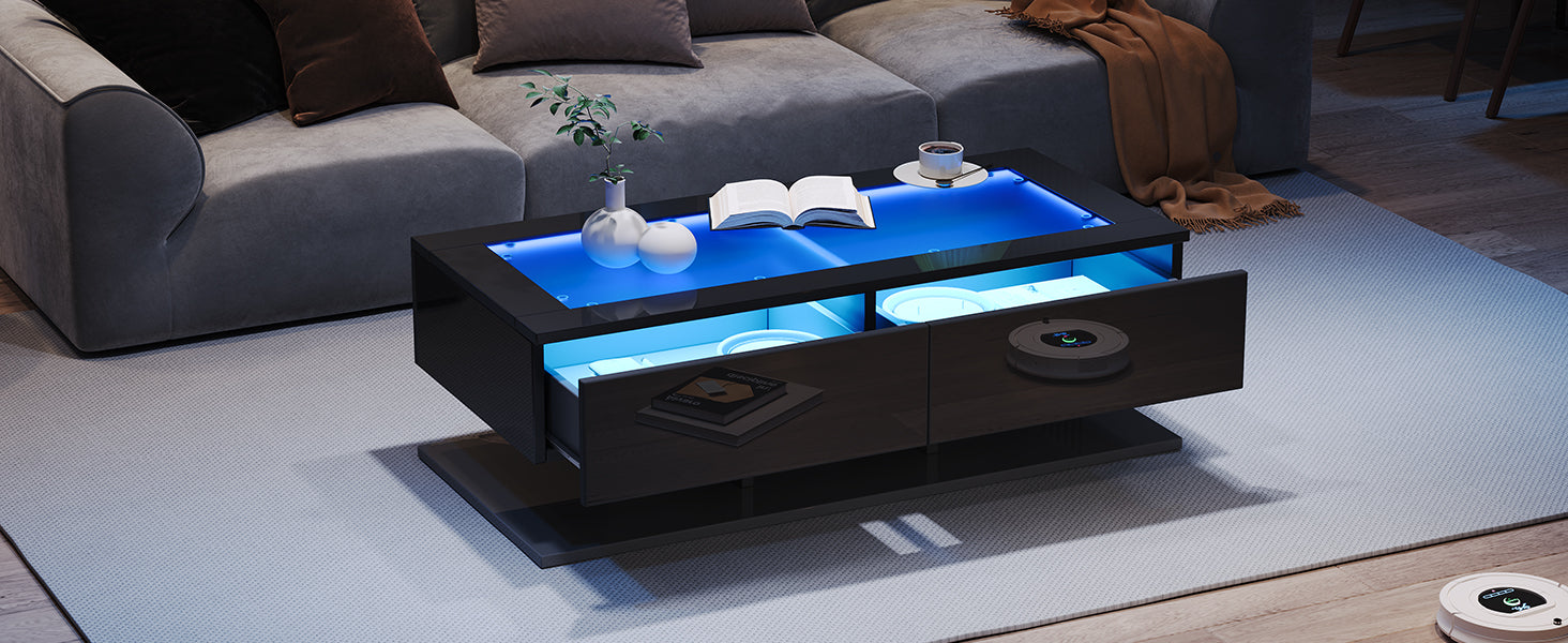 Coffee Table with Drawers, LED Light, Glass Top, Black