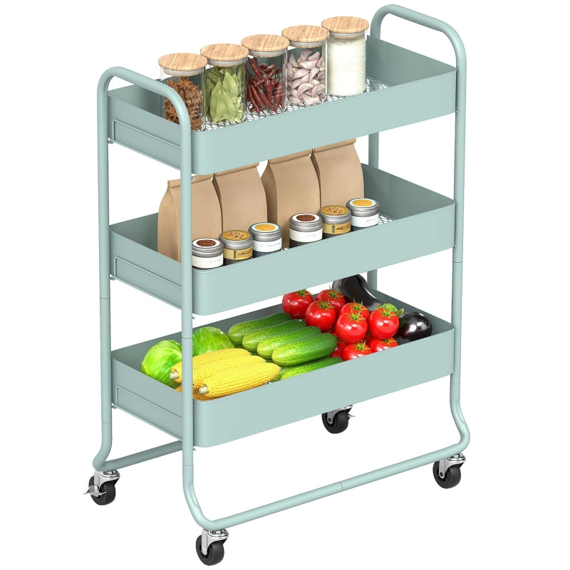3-Tier Storage Trolley on Wheels, Rolling Utility Cart with Mesh Baskets, Metal, Light Green