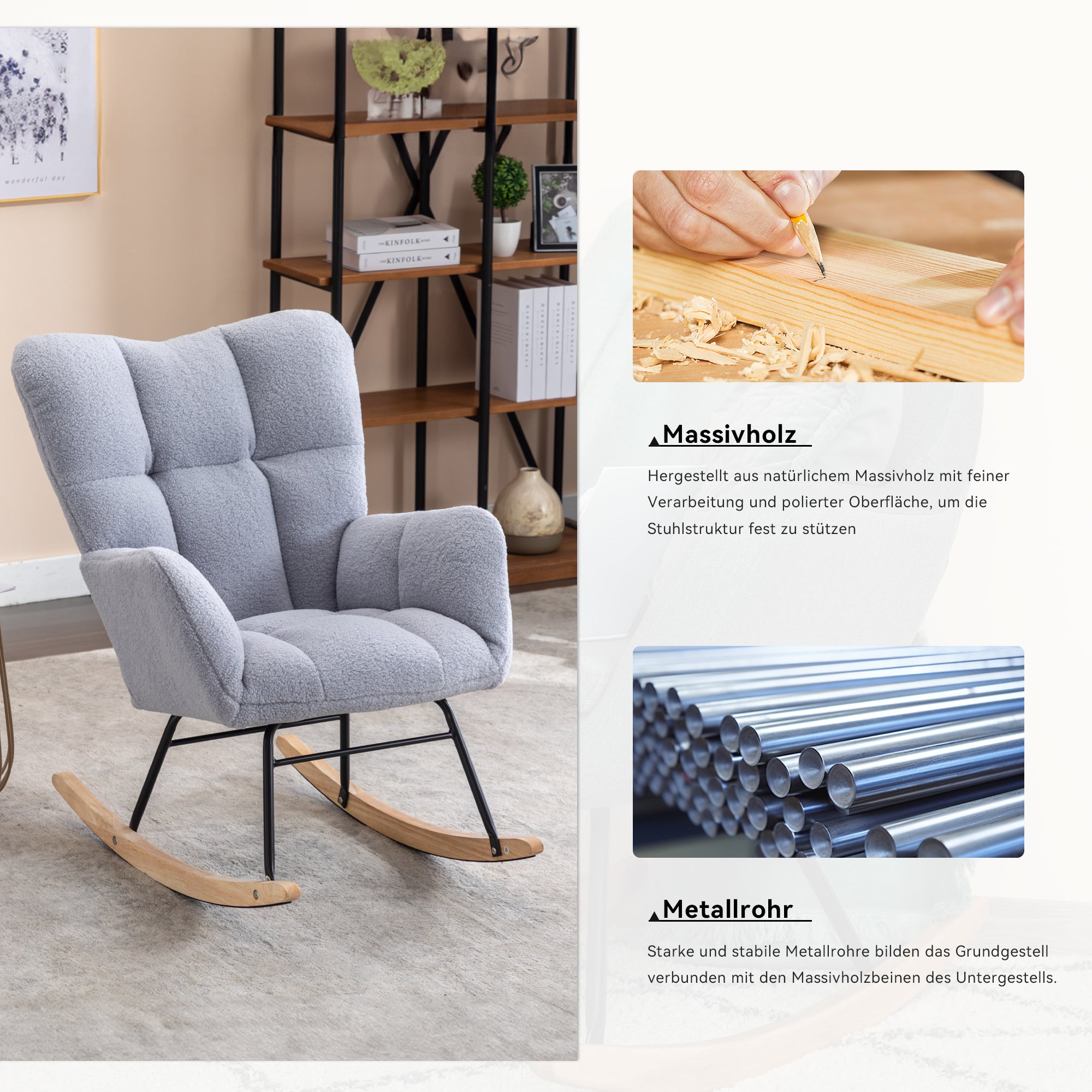 Mid century modern rocking chair with tufted cover and padded seat, light grey