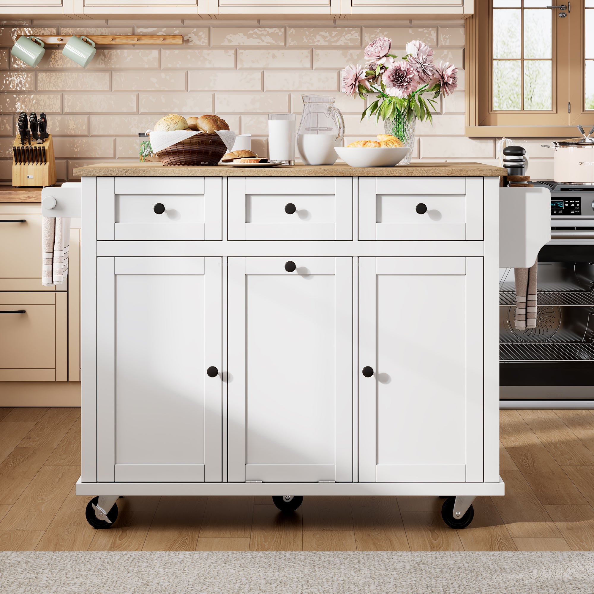 Mobile Kitchen Island Extendable Dining Area with Waste Bin & Drawers, White