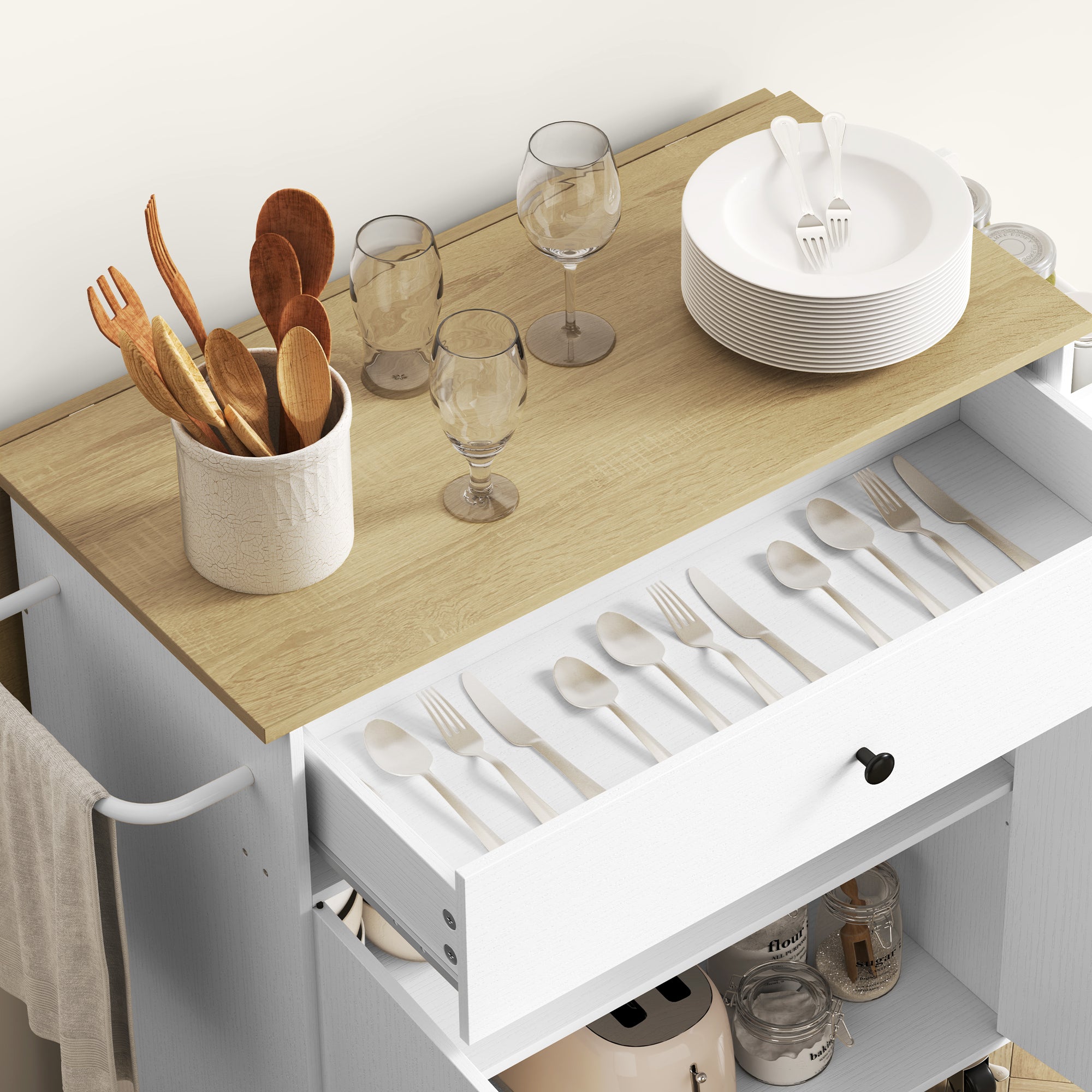 Kitchen Island, Folding Worktop & Storage, White