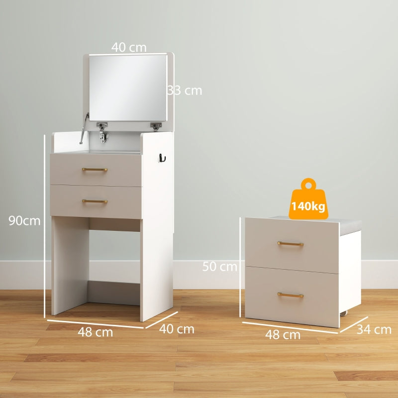 3-in-1 Dressing Table with Mirror, Bedside Table, Rolling Stool, Drawers, White