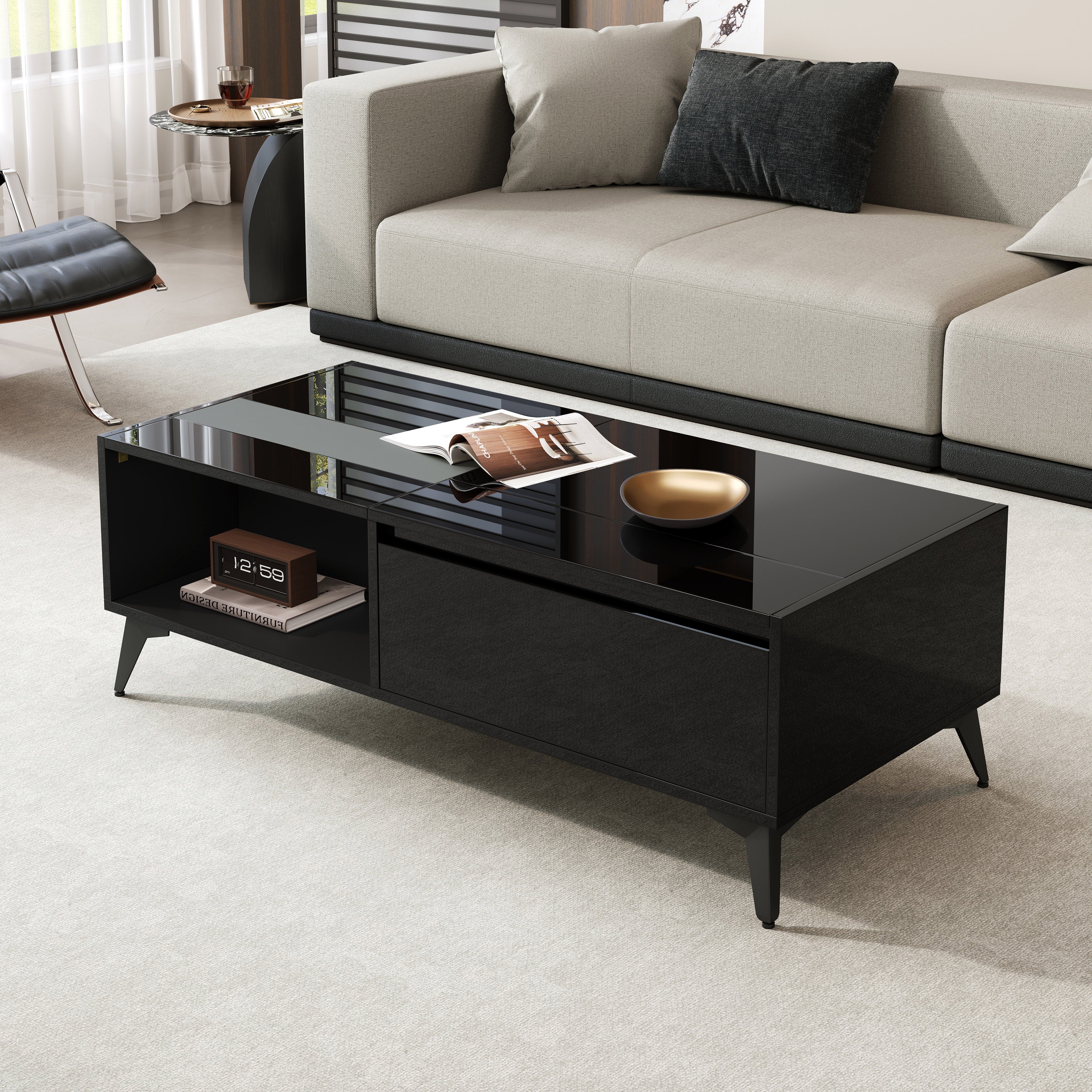 High-Gloss Coffee Table Height-Adjustable Folding Dining Table - Black