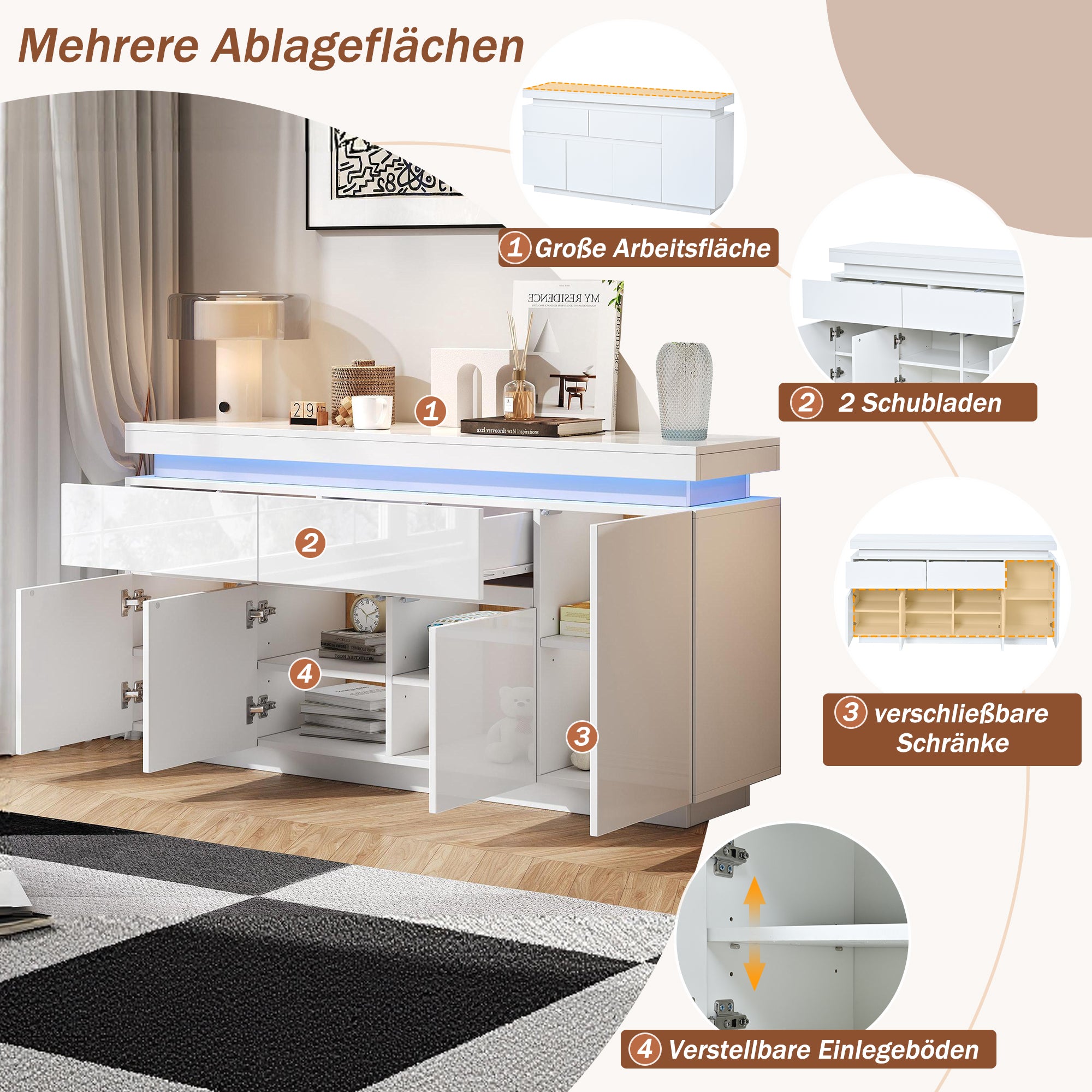 Living Room Cabinet/Sideboard, 2 Drawers, 4 Doors, LED, High-Gloss White