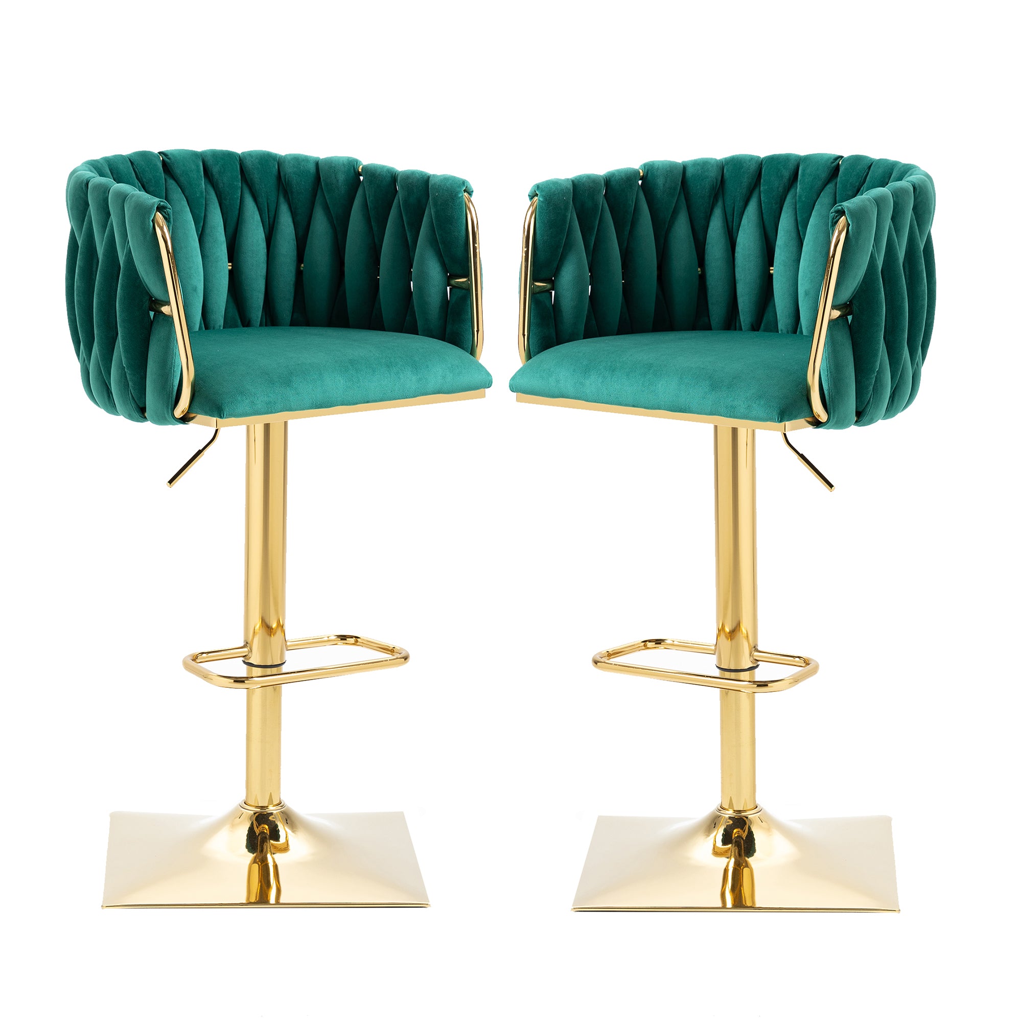 Velvet Bar Stools, Adjustable Swivel with Footrest, Emerald (Set of 2)