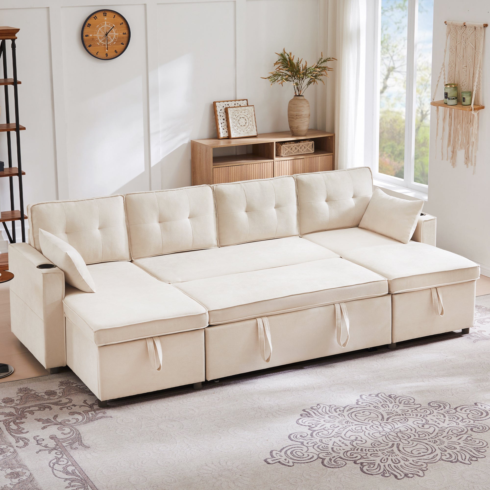 Sofa Bed, U-shaped Sleeper with Cupholder & Storage, Cotton Linen Fabric