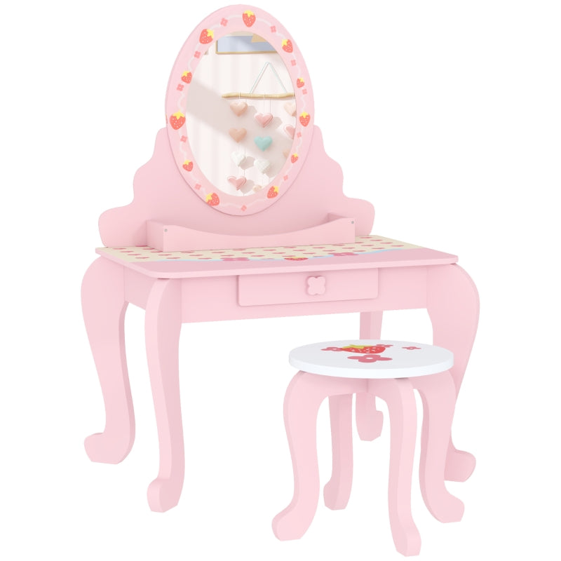 Kids Dressing Table Set Vanity Table with Stool Mirror Drawer Storage Pink
