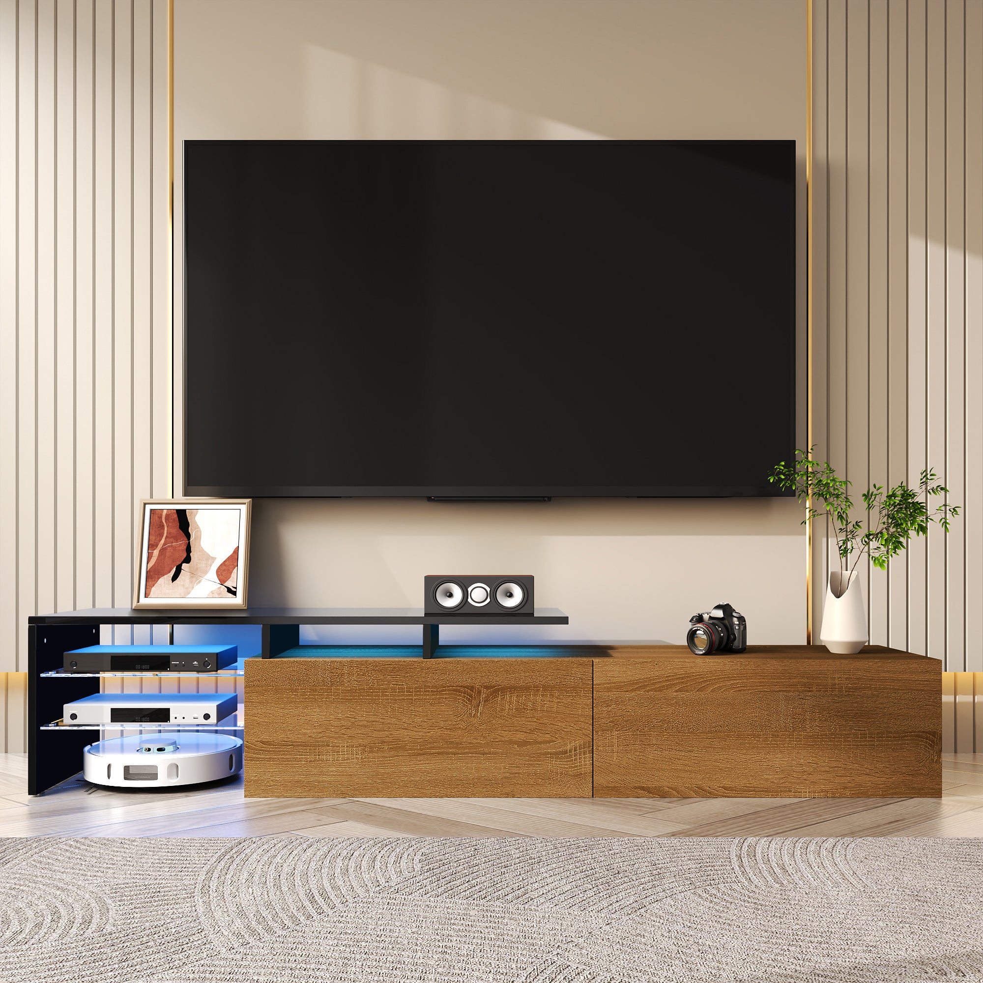 Modern TV Cabinet: Stylish, Elegant, Practical Storage with Glass Shelves, LED Lighting - Black and Wood Look