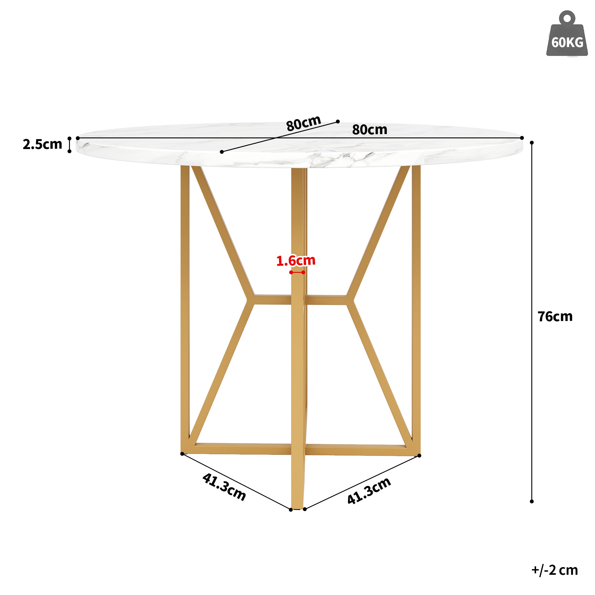 Round Dining Table 80cm 4-6 Seater Gold Legs - Marbled MDF