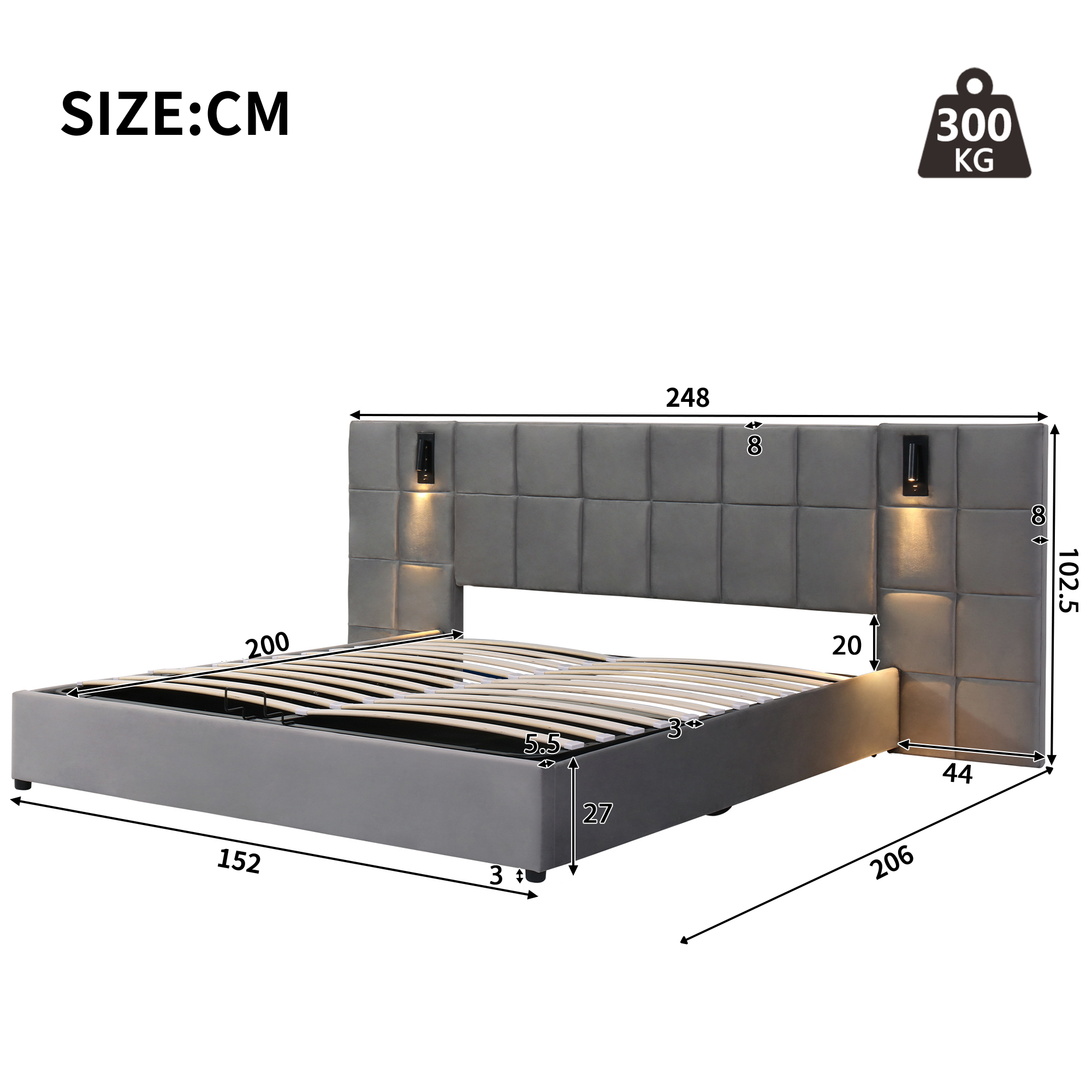Upholstered Bed, King Size 5ft Hydraulic Storage with Lamp & USB Charging, Velvet Grey