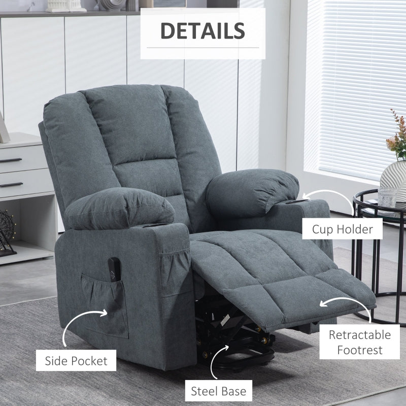 Oversized Riser and Recliner Chair, Fabric Upholstered Lift Chair with Remote Control and Cup Holder, Grey