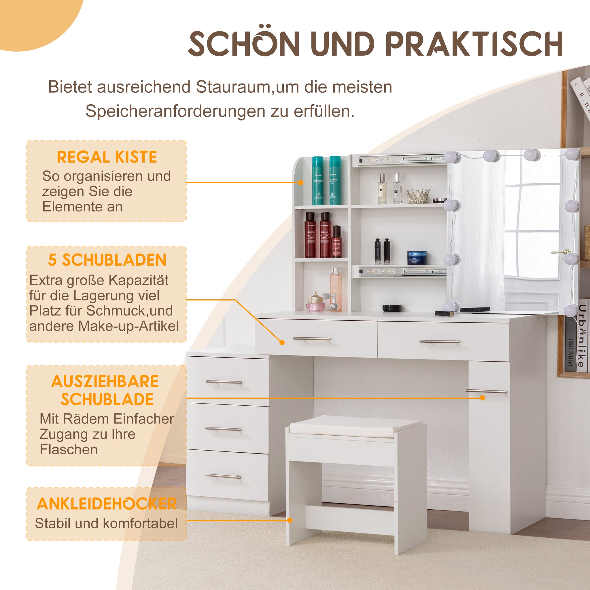 Dressing Table Vanity with Mirror, Drawer, LED Lighting