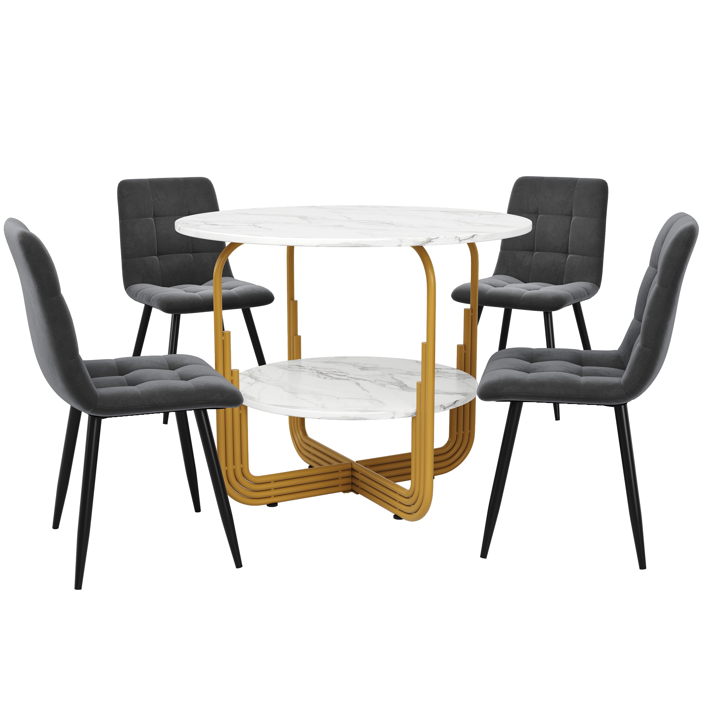 Dining Table Set, 5-Piece Round with 4 Chairs, 80cm, Gold Metal Legs, MDF Marble, Grey